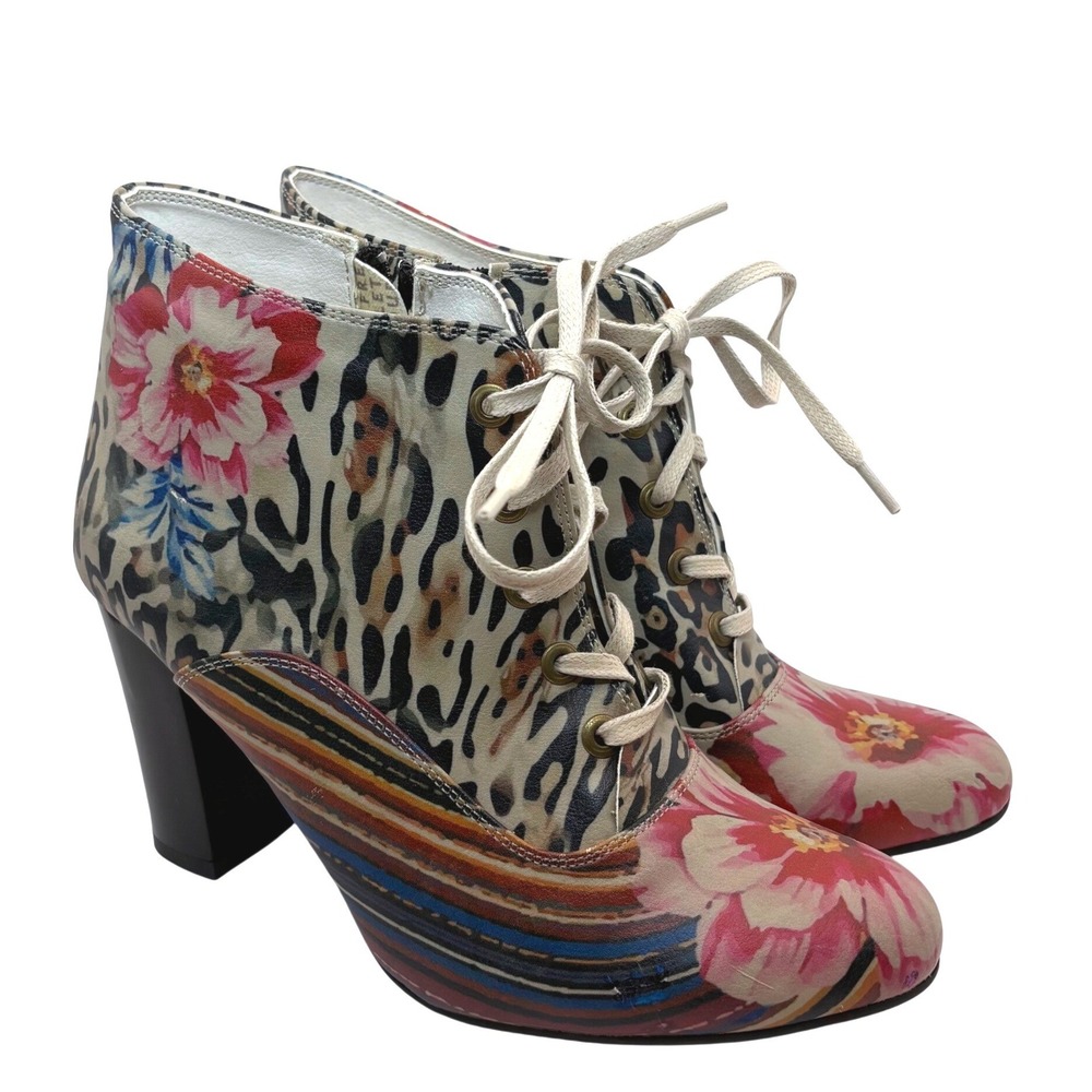 Goby Animal Print Floral Heeled Ankle Boots Lace Up Vegan‎ Leather Size 7.5